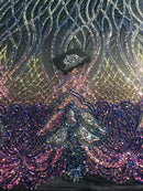 Wavy Line Sequins - Rainbow - 4 Way Stretch Iridescent Pattern with Net Design Fashion Fabric