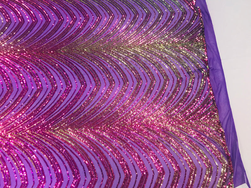 Sequins in Lines - Purple / Gold - Iridescent 4 Way Stretch Two Tone Color Design Sequins Fabric