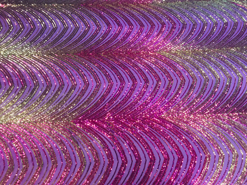 Sequins in Lines - Purple / Gold - Iridescent 4 Way Stretch Two Tone Color Design Sequins Fabric