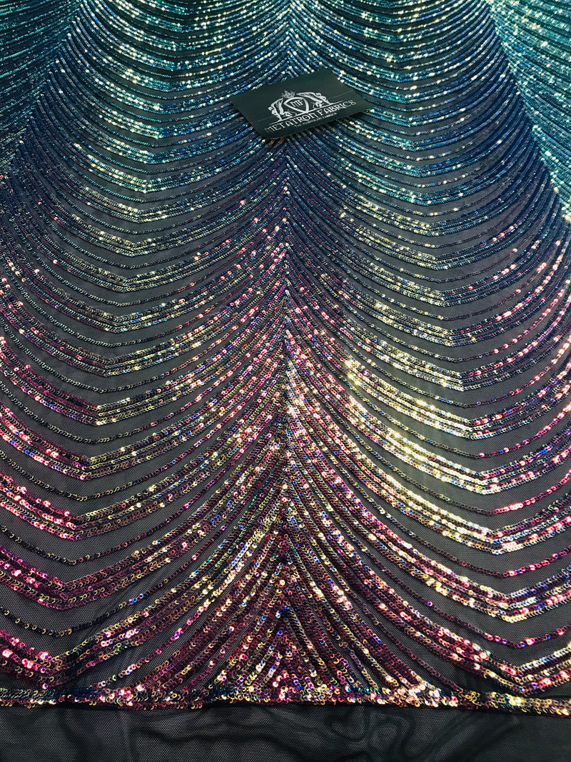 Sequins in Lines - Rainbow - Iridescent 4 Way Stretch Two Tone Color Design Sequins Fabric