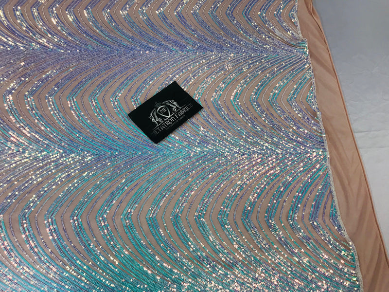 Sequins in Lines - Aqua - Iridescent 4 Way Stretch Two Tone Color Design Sequins Fabric