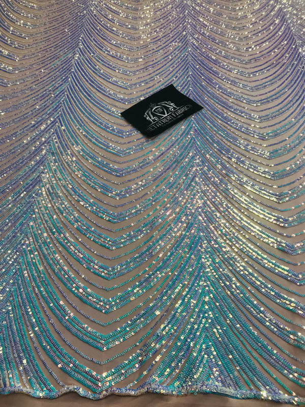 Sequins in Lines - Aqua - Iridescent 4 Way Stretch Two Tone Color Design Sequins Fabric