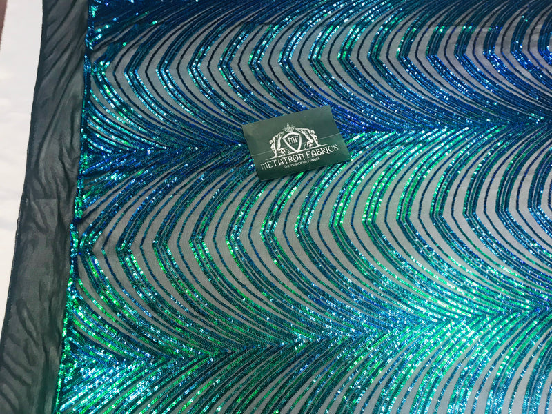 Sequins in Lines - Jade Green / Blue - Iridescent 4 Way Stretch Two Tone Color Design Sequins Fabric