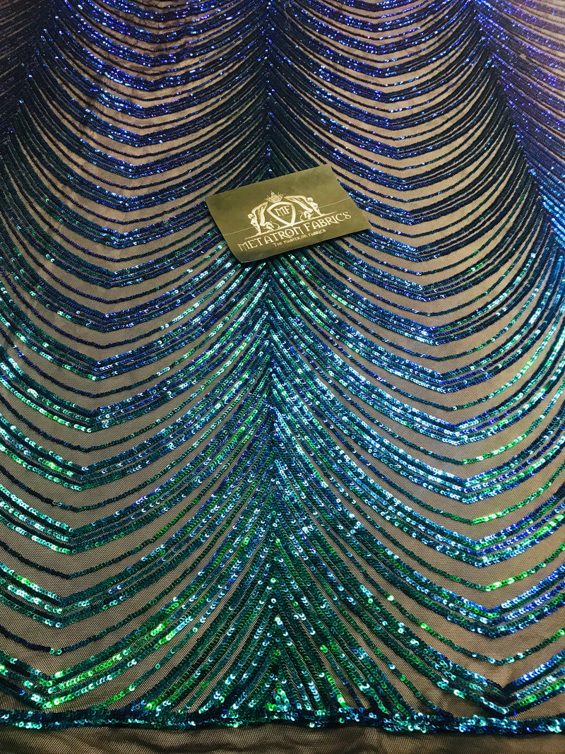 Sequins in Lines - Jade Green / Blue - Iridescent 4 Way Stretch Two Tone Color Design Sequins Fabric
