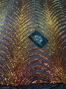 Sequins in Lines - Orange / Black Mesh - Iridescent 4 Way Stretch Two Tone  Design Sequins Fabric