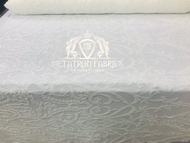 4 Way Stretch - White - Sequins Damask Design Fabric Embroidered On Mesh Sold By The Yard