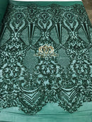 Sequins - Hunter Green - 4 Way Stretch Fancy Fabric Embroidered On Mesh Sold By The Yard
