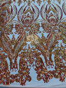 Big Damask Sequins Fabric - Orange - 4 Way Stretch Damask Sequins Design Fabric By Yard