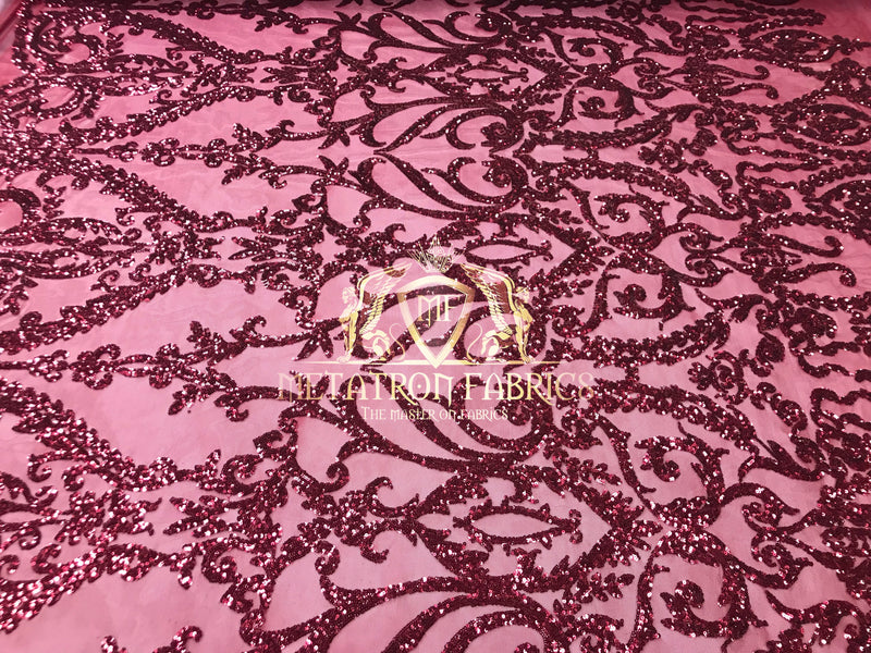 4 Way Stretch - Burgundy - Sequins Damask Design Fabric Embroidered On Mesh Sold By The Yard
