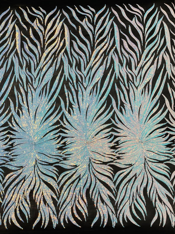 Angel Wing Sequin Design - Iridescent Aqua - Wing Patterns Embroidered with Sequins on Black Mesh By Yard