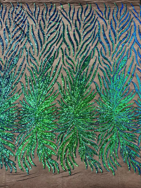 Angel Wing Sequin Design - Iridescent Blue/Green - Wing Patterns Embroidered with Sequins on Mesh Sold By Yard