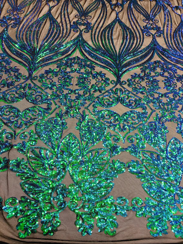 Damask Heart Design - Iridescent Green - Damask with Heart Design Sequins on Mesh By Yard