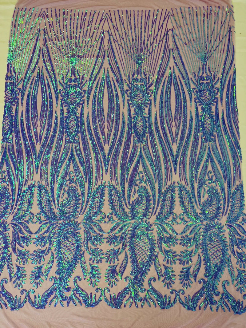 Paisley Sequin Fabric - Iridescent Lilac - Line Pattern 4 Way Stretch Elegant Fabric By The Yard