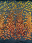 Angel Wing Sequin Design - Iridescent Orange - Wing Patterns Embroidered with Sequins on Black Mesh By Yard
