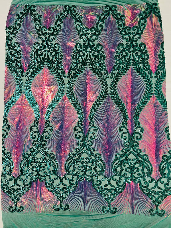 Iridescent Damask Sequins Fabric - Iridescent Rainbow / Hunter Green - 4 Way Stretch Sequins Fabric on Mesh By Yard