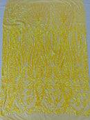 Paisley Sequin Fabric - Iridescent Yellow - Line Pattern 4 Way Stretch Elegant Fabric By The Yard