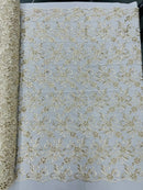 Small Flower Fabric - Ivory / Gold - Floral Plant Embroidered Design on Lace Mesh By Yard