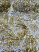 Holographic Sequins Lace - Ivory / Gold - Flower Sequins Lace Design w/ Metallic Thread by Yard