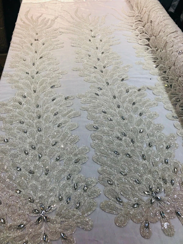 3D Beaded Peacock Feathers - Ivory - Vegas Design Embroidered Sequins and Beads On a Mesh Lace Fabric (Choose The Panels)