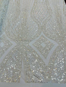Beaded Diamond Design Fabric - Ivory - Beaded Embroidered Diamond Zig Zag Design on Mesh By Yard