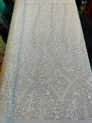 Beaded Diamond Design Fabric - Ivory - Beaded Embroidered Diamond Zig Zag Design on Mesh By Yard