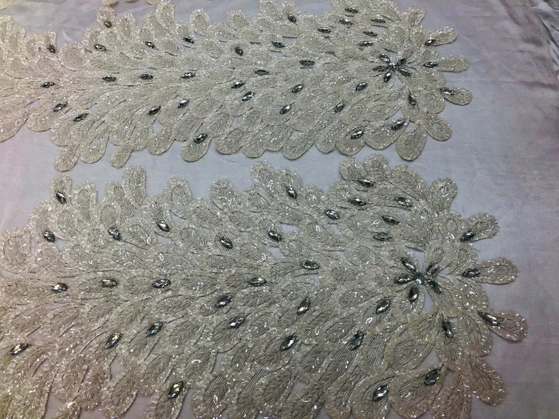 3D Beaded Peacock Feathers - Ivory - Vegas Design Embroidered Sequins and Beads On a Mesh Lace Fabric (Choose The Panels)