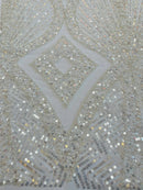 Beaded Diamond Design Fabric - Ivory - Beaded Embroidered Diamond Zig Zag Design on Mesh By Yard