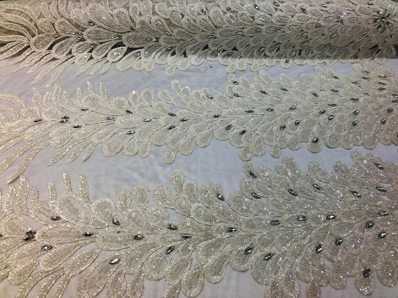 3D Beaded Peacock Feathers - Ivory - Vegas Design Embroidered Sequins and Beads On a Mesh Lace Fabric (Choose The Panels)
