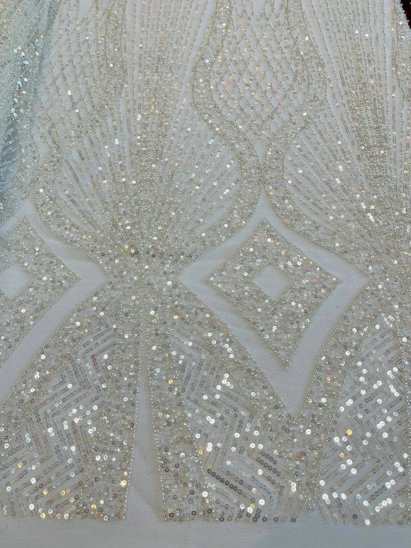 Beaded Diamond Design Fabric - Ivory - Beaded Embroidered Diamond Zig Zag Design on Mesh By Yard