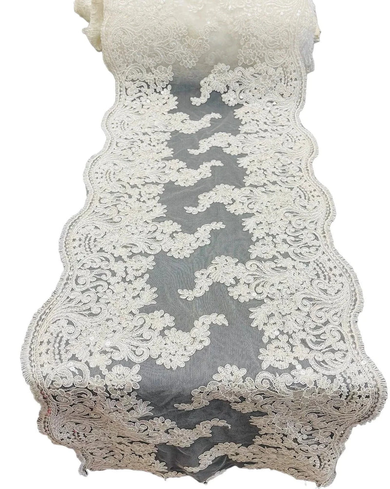 14" Metallic Floral Design Lace Table Runner - Ivory - Event Table Decor Runner Sold By Yard