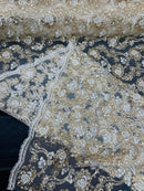 Corded Sequins Flower Lace - Ivory / Gold - Corded Floral Lace With Sequins Sold By Yard