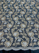 Corded Sequins Flower Lace - Ivory / Gold - Corded Floral Lace With Sequins Sold By Yard