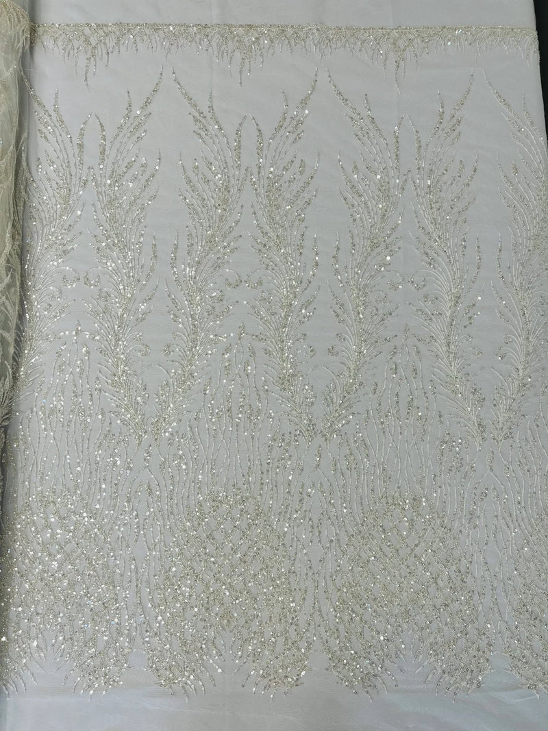Heart & Feather Pattern Fabric - Ivory - Embroidered Elegant Design with Beads Mesh Fabric Sold By Yard