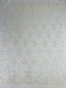 Lace Flower Cluster Fabric - Ivory - Embroidered Flower With Sequins on a Mesh Lace Fabric By Yard