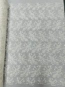 Small Flower Fabric - Ivory - Floral Plant Embroidered Design on Lace Mesh By Yard