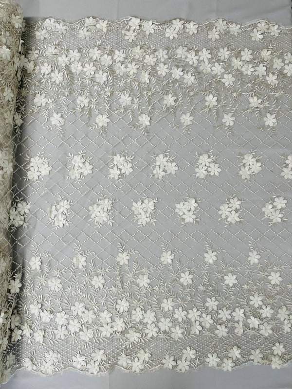 3D Floral Pearl Fabric - Ivory - 3D Triangle Flower Design on Mesh By Yard