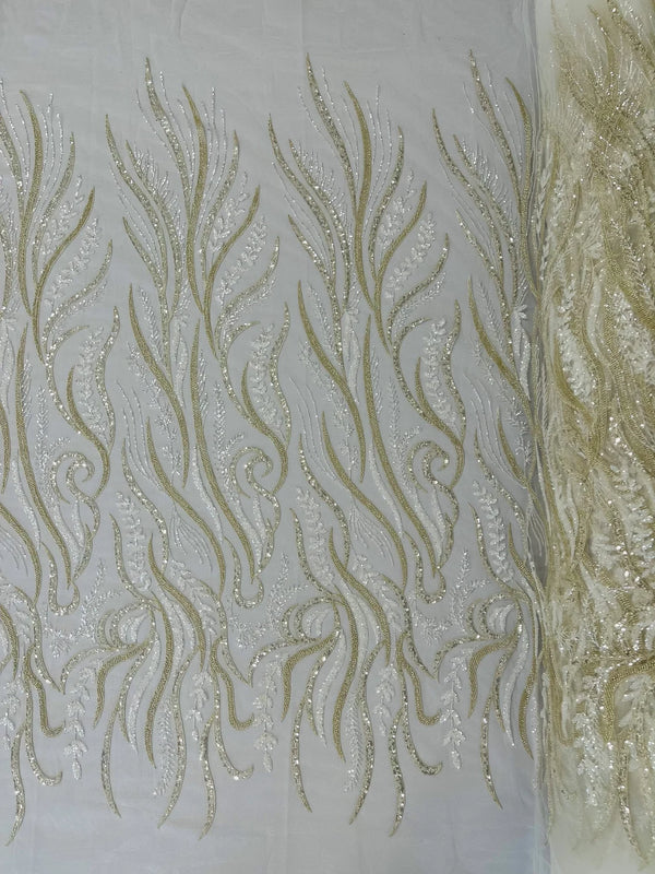 Sea Plant Design Fabric - Ivory - Beaded Embroidered Sea Plant Design Fabric by Yard