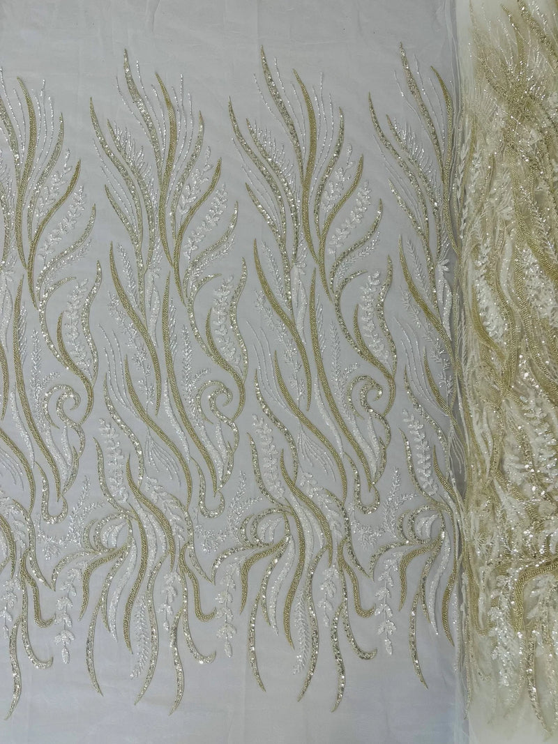 Sea Plant Design Fabric - Ivory - Beaded Embroidered Sea Plant Design Fabric by Yard