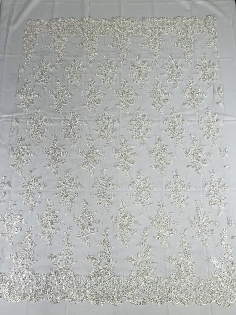 Lace Flower Cluster Fabric - Ivory - Embroidered Flower With Sequins on a Mesh Lace Fabric By Yard