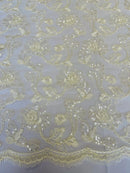 Embroidered Flower Lace - Ivory - Corded Floral Lace With Sequins Sold By Yard