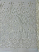 Beaded Pattern Fabric - Ivory - Embroidered Fancy Beads Pattern On Mesh Fabric Sold By Yard