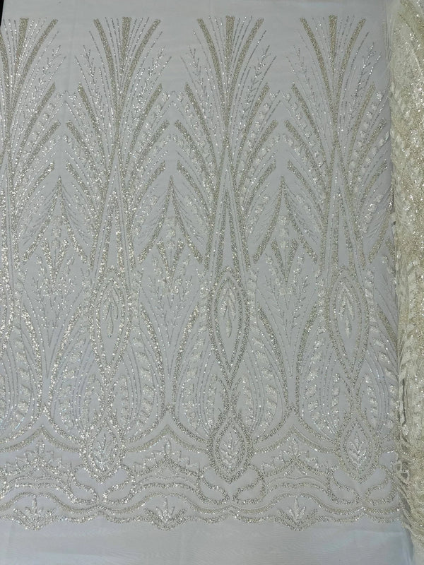 Beaded Pattern Fabric - Ivory - Embroidered Fancy Beads Pattern On Mesh Fabric Sold By Yard
