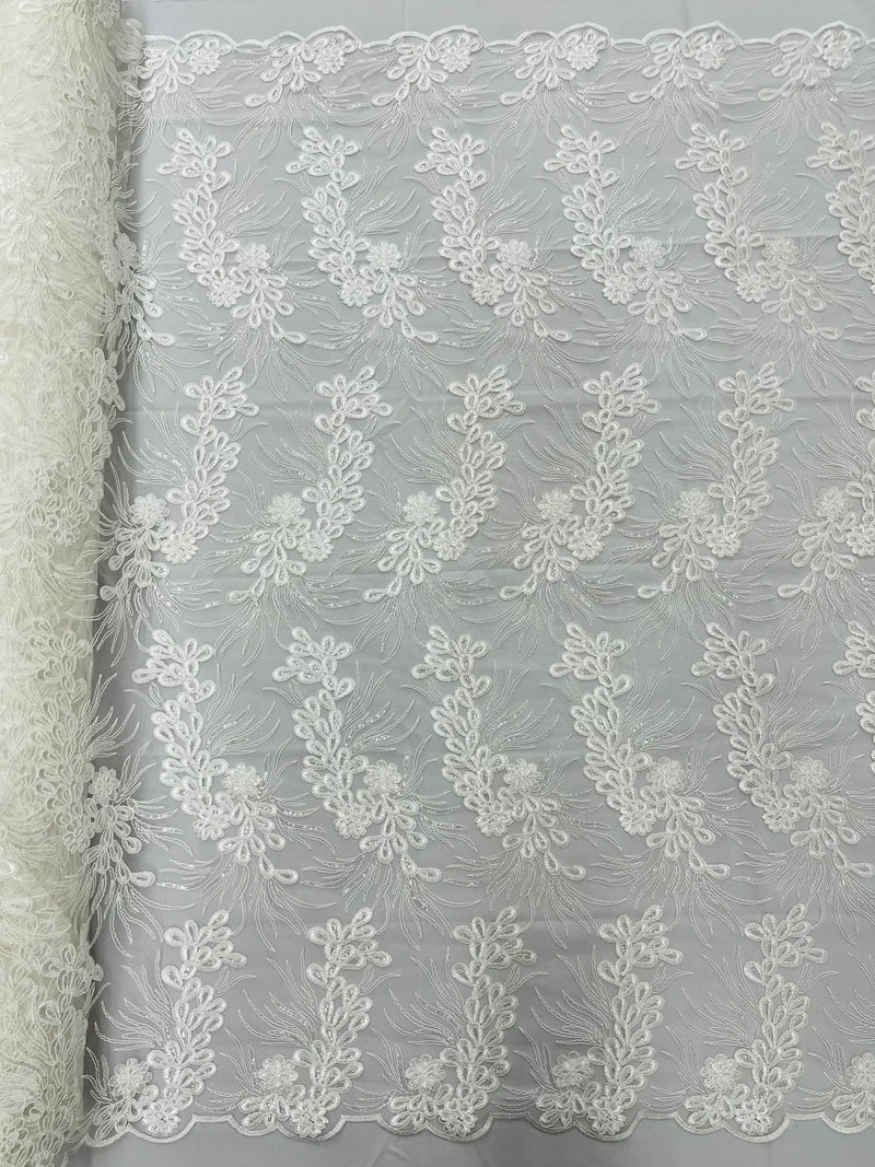 Floral Plant Cluster Fabric - Ivory - Embroidered High Quality Lace Fabric Sold by Yard