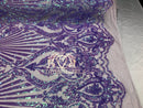 Iridescent Sequins - Lilac - 4 Way Stretch Damask Design Fabric On Stretch Mesh By The Yard