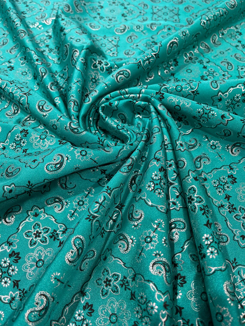 Bandana Print Fabrics - Jade - Lycra Spandex Bandana Fabric Sold By The Yard