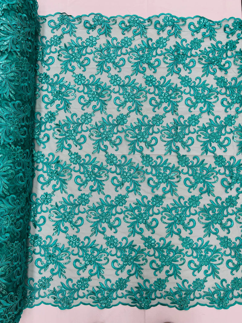 Small Flower Fabric - Jade - Floral Plant Embroidered Design on Lace Mesh By Yard