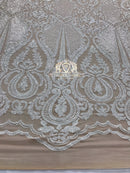 Sequins - White on Nude Mesh - 4 Way Stretch Fancy Fabric Embroidered On Mesh Sold By The Yard