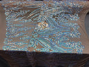 Big Damask Sequins Fabric - Iridescent Aqua - 4 Way Stretch Damask Sequins Design Fabric By Yard