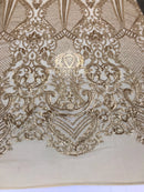 Sequins - Gold - 4 Way Stretch Fancy Fabric Embroidered On Mesh Sold By The Yard