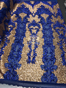 4 Way Stretch - Royal Blue and Gold - Two Tone Flower Design Sequins On Stretch Mesh By The Yard